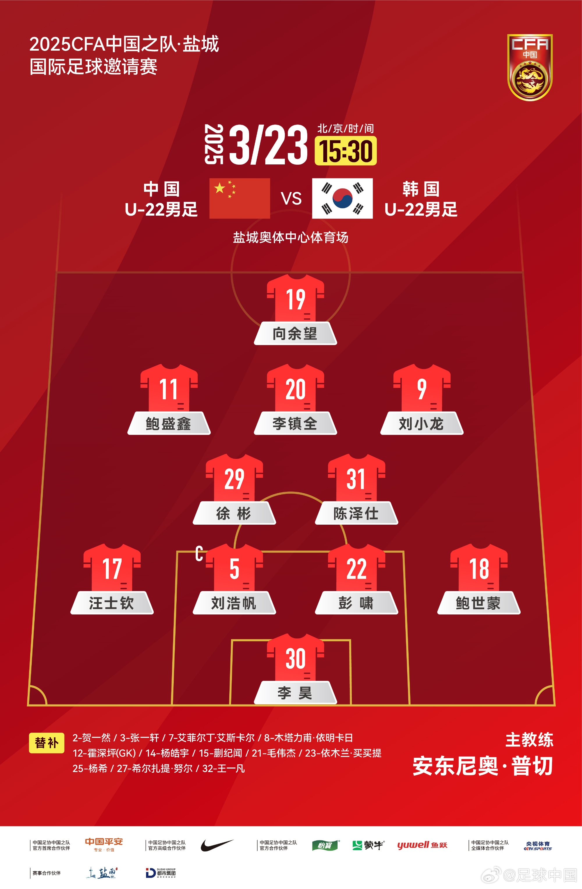 盐城四国赛，中国U-22男足对阵韩国U-22男足，中国队首发阵容